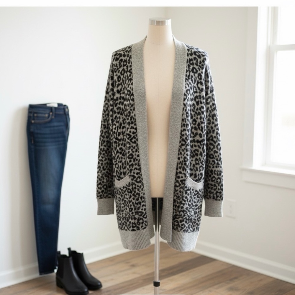 LOFT Animal Print Cardigan in Gray and Black